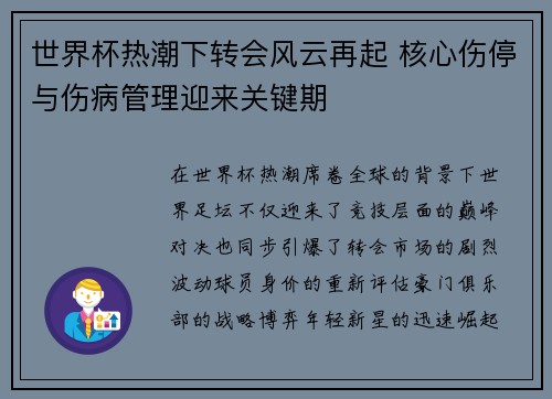 世界杯热潮下转会风云再起 核心伤停与伤病管理迎来关键期 世界杯热潮下转会风云再起 核心伤停与伤病管理迎来关键期